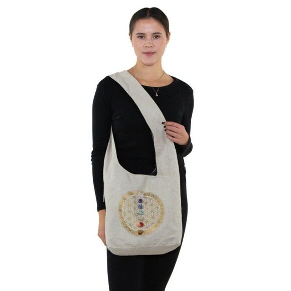 Sacred Geometry 7 Chakras Crystals Hobo Bag in Canvas - Picture 2 of 5